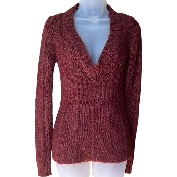 Arizona Wine Red V Neck Fitted Fuzzy Knit Sweater Sz S Y2K Goblincore Whimsigoth - Picture 7 of 14